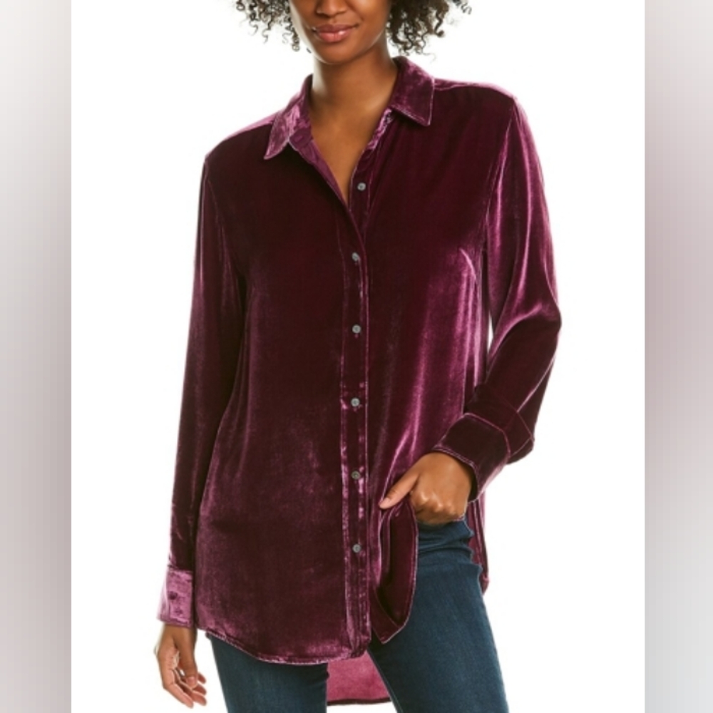Tommy Bahama Crushed Velvet Silk Blend Purple Button Up Long Sleeve Blouse